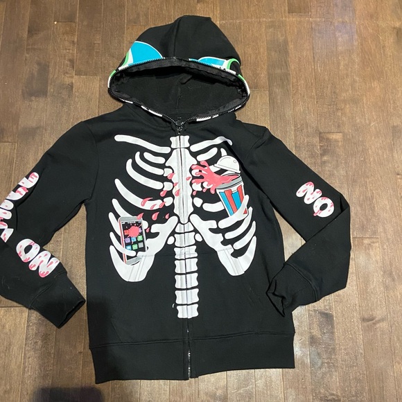 7/8T Boys Black Skull Zip Up Hoodie with mesh see through eyes / hood - Picture 1 of 7